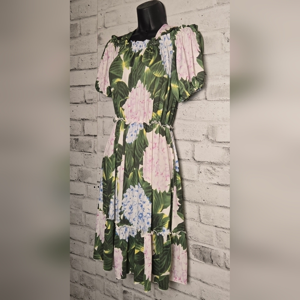 HQ Fashion Green Floral Hydrangea Dress Puff Sleeve Ruffle Hem L - Picture 2 of 12
